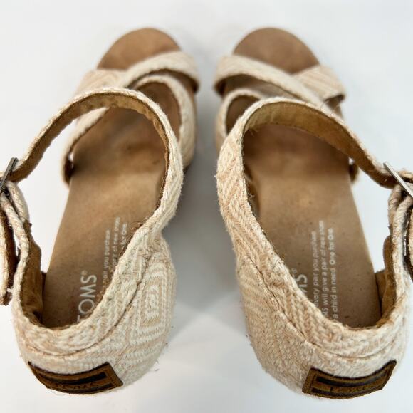 Toms Platform Cork Wedge Sandal Size 9.5 Strappy Canvas Beige Cream Espadrille - Picture 4 of 9